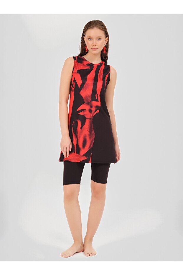 Ruby Patterned Zero Sleeve Semi-Closed Swimsuit - Black - - 1