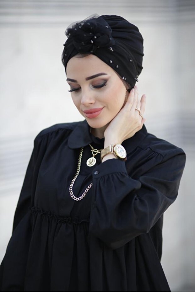 İncili Tül Bone - Siyah - 2