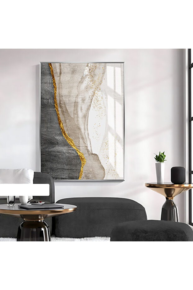 Hari̇kabi̇rev | Abstract Gold-Black-Grey Elegant Patterned Model Iii | Framed Tempered Glass Table Single Vertical