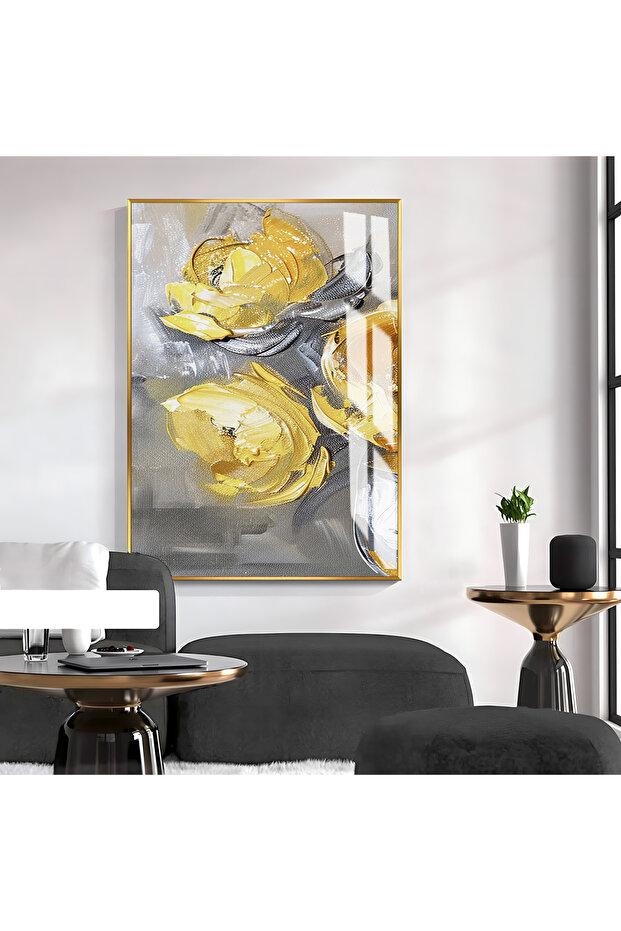 Hari̇kabi̇rev | Soft Gray-Yellow Rose Patterned Model 2 | Framed Tempered Glass Table Single Vertical