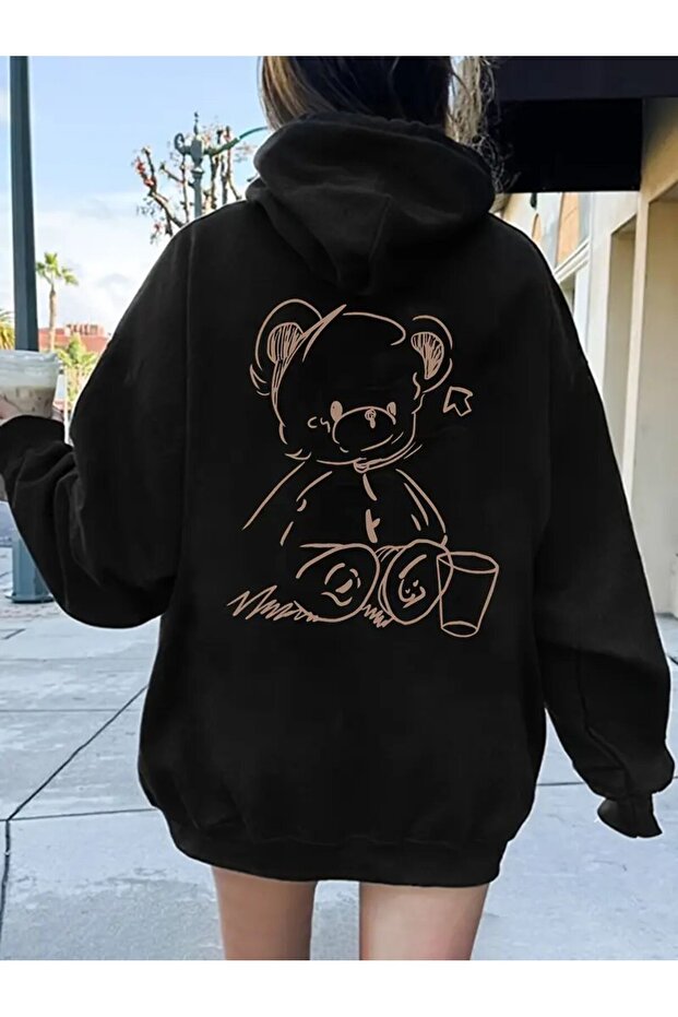 Uni̇Sex Bear Printed Hooded Sweatshi̇Rt