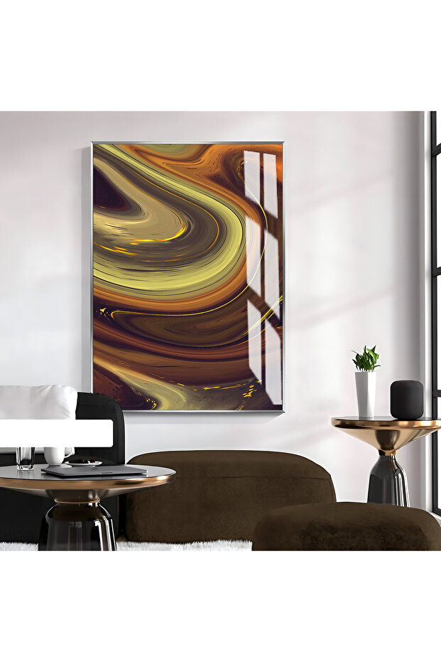 Hari̇kabi̇rev | Abstract Brown-Green Patterned Model 1 | Framed Tempered Glass Table Single Vertical