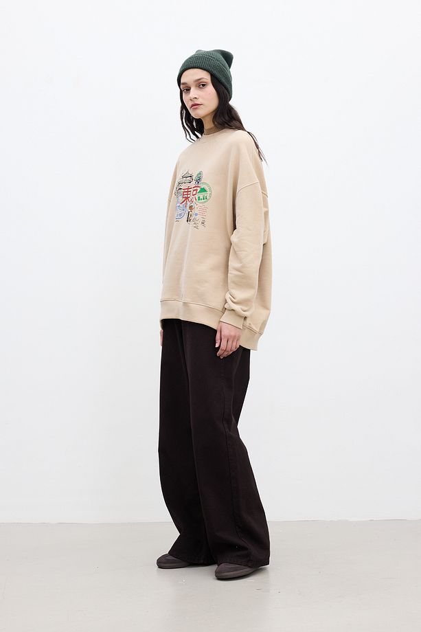 BASKI DETAYLI OVERSIZE SWEATSHIRT CAMEL - 3