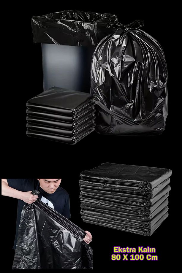 Siyah Büyük Jumbo Boy Çöp Poşeti Taşıma Poşeti 80 X 110 Cm 10 Adet - 4