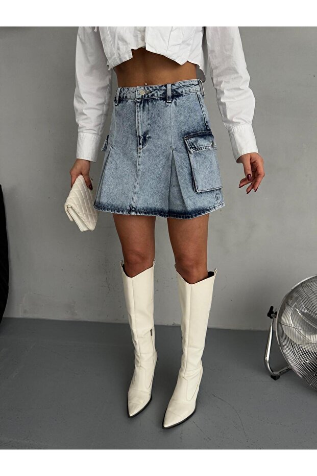 KARGO CEPLİ PİLELİ MİNİ DENIM ETEK - 6