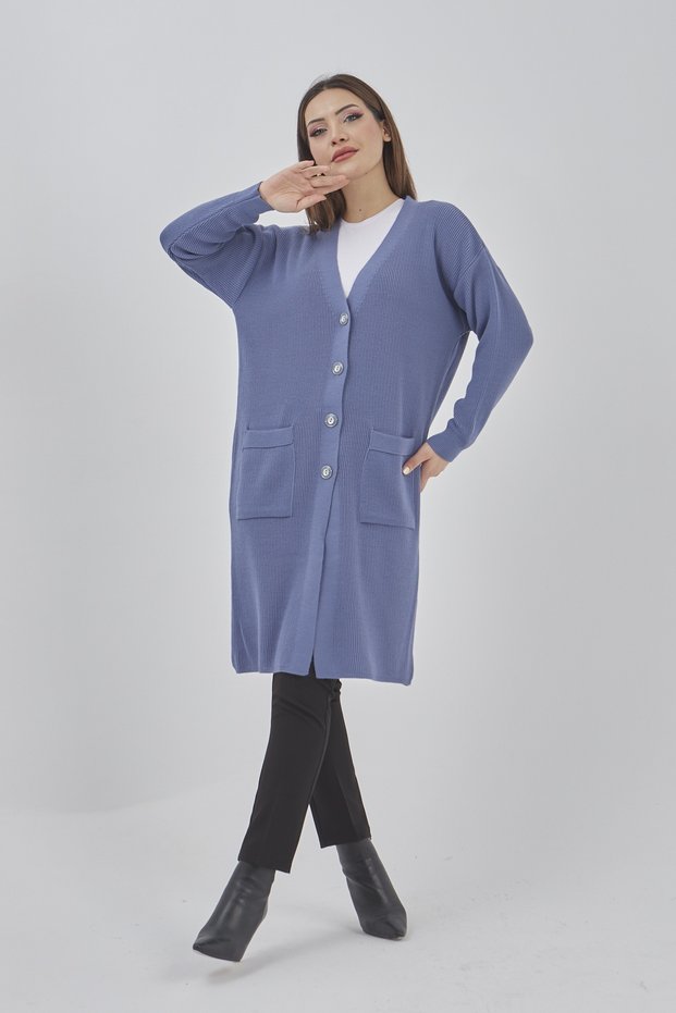 Women's Seasonal Long Knitwear Buttoned Stretchy Cardigan with Pockets