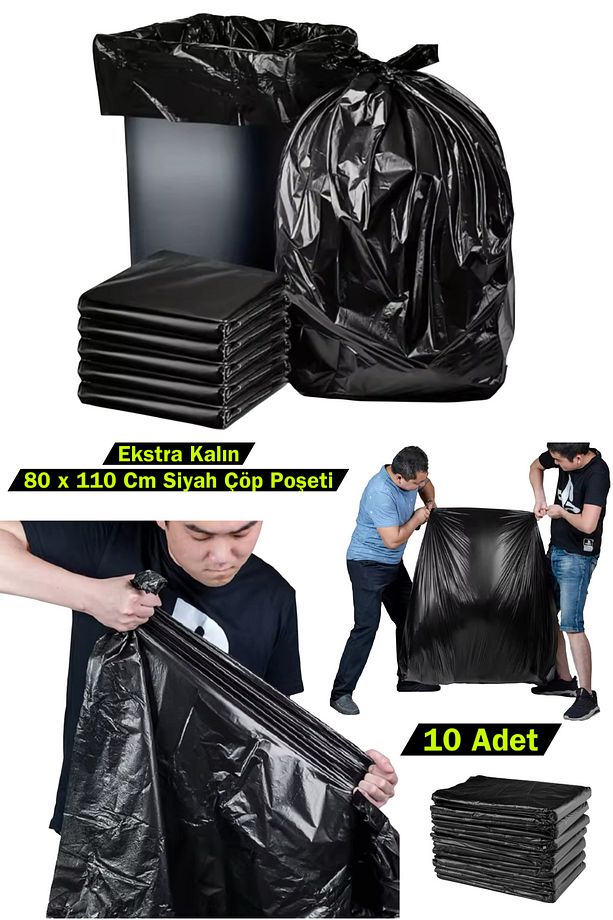 Siyah Büyük Jumbo Boy Çöp Poşeti Taşıma Poşeti 80 X 110 Cm 10 Adet - 1