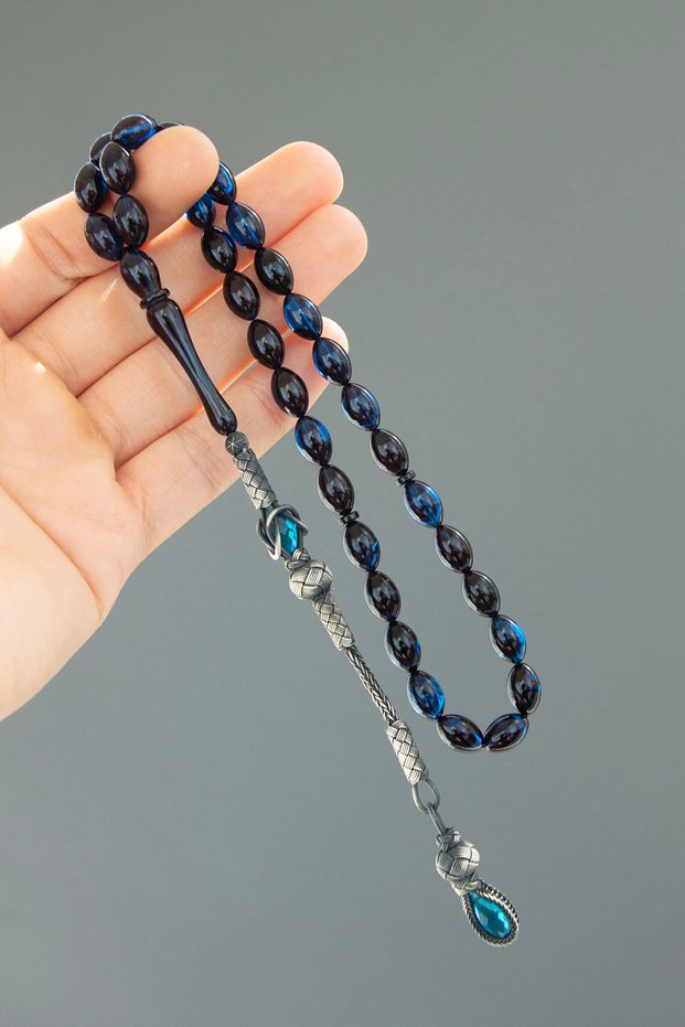 Silver Kazaz Tasseled Barley Cut Fire Amber Rosary