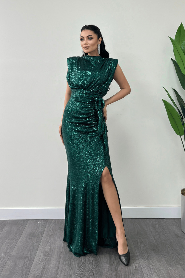 Sequin Sequin Fabric Drawstring Detail Evening Dress - Zimrute Green