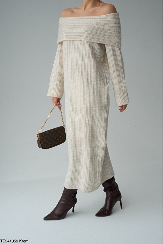 Kadın Bej Degaje Yaka Uzun Triko Elbise - 2