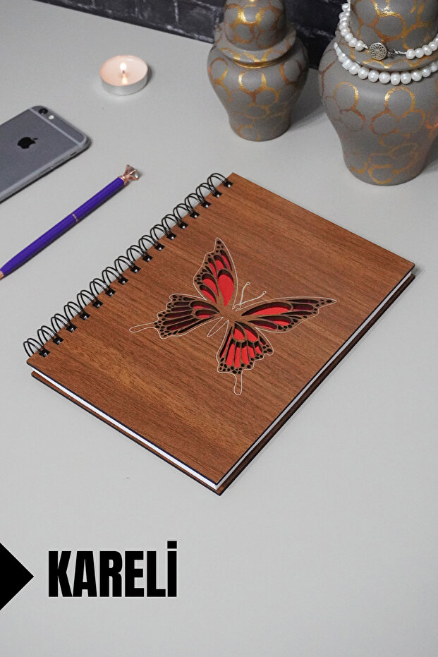 Butterfly Themed Wooden Cover Notebook - Checkered Notebook - Agenda - School Notebook (A5 - 120 Pages)