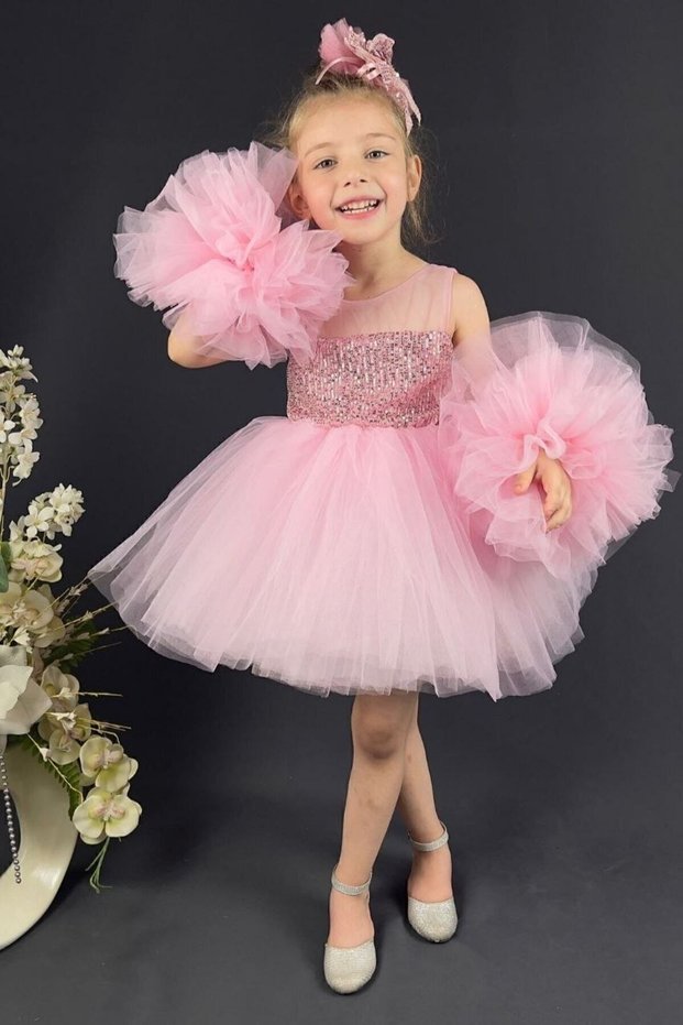 Pink Pompom Sleeves Children's Evening Dress Show Party Dress Aby192
