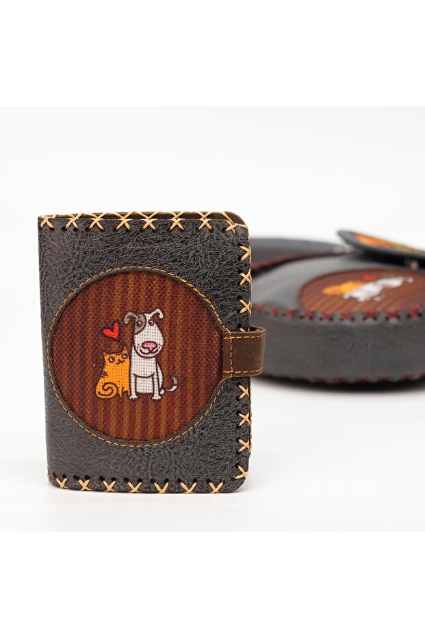 Small Wallet with Cat and Dog Figures Ethnic Bohemian Retro Style - Anthracite