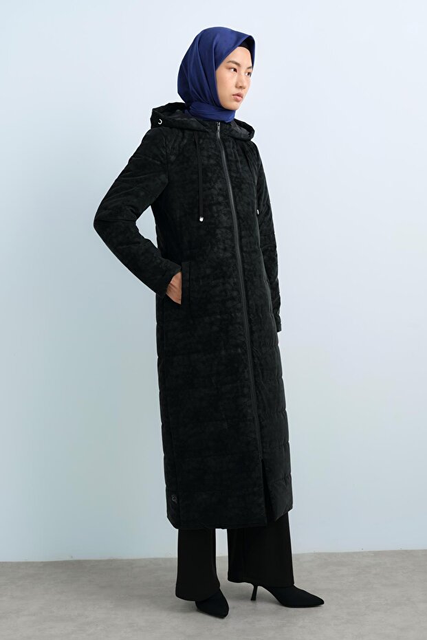 Kapşonlu Kapitone Manto Siyah - 4