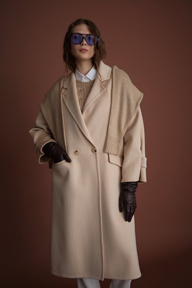 Oversize %100 Yün Kaban Bej - 8