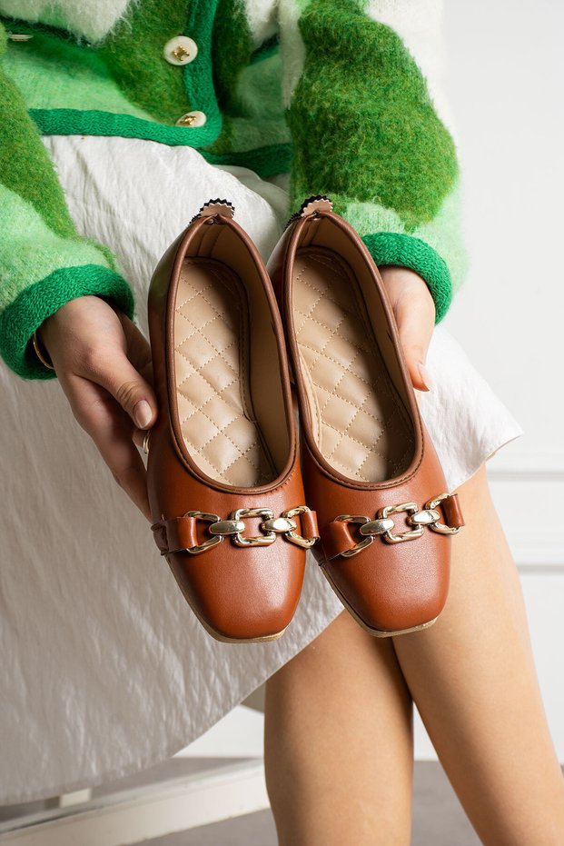 Orthopedic Women's Ballerina Chain Detailed Tan Color Light Sole Casual Shoes Stc1067