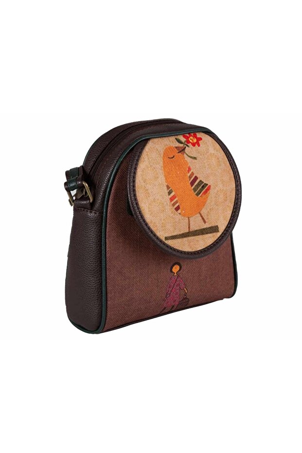 Ethnic Bohemian Style Small Postman Shoulder Bag - Bird Figured, Brown