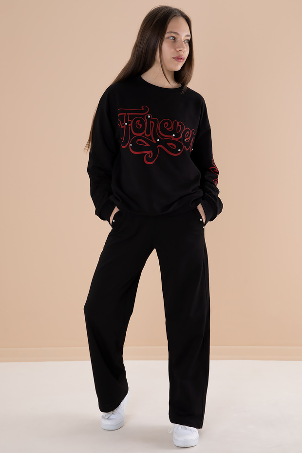 Black Text Printed Girls' Elastic Waist Sweatpants Set 19898