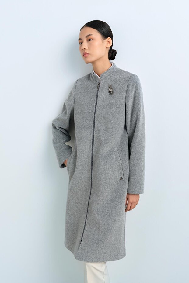 Fermuarlı Basic Kaban Gri - 4