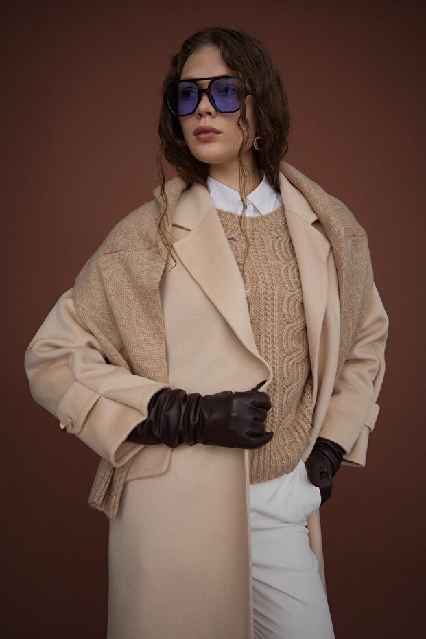 Oversize %100 Yün Kaban Bej - 6