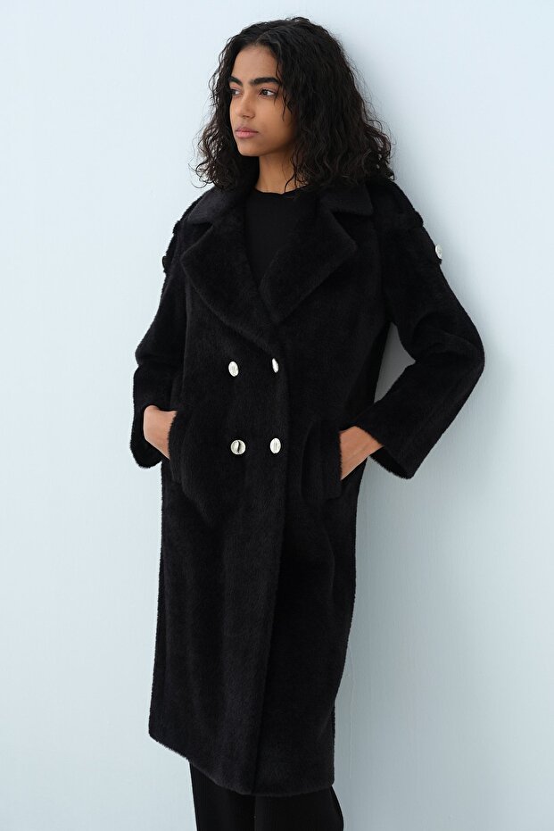 Black Double Breasted Angora Coat - 3