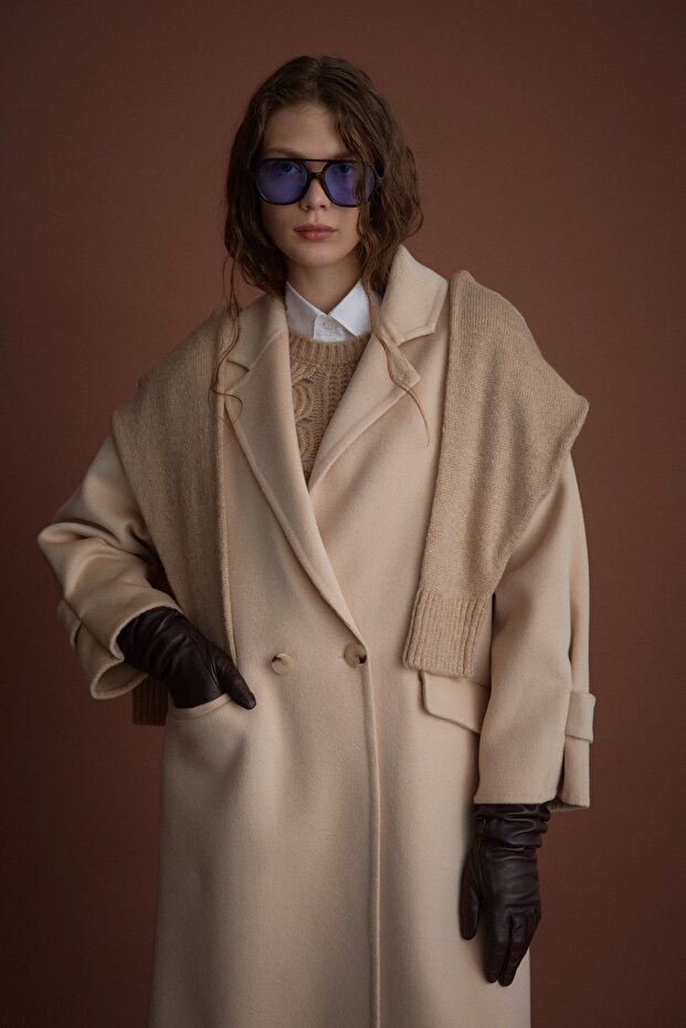 Oversize %100 Yün Kaban Bej - 7