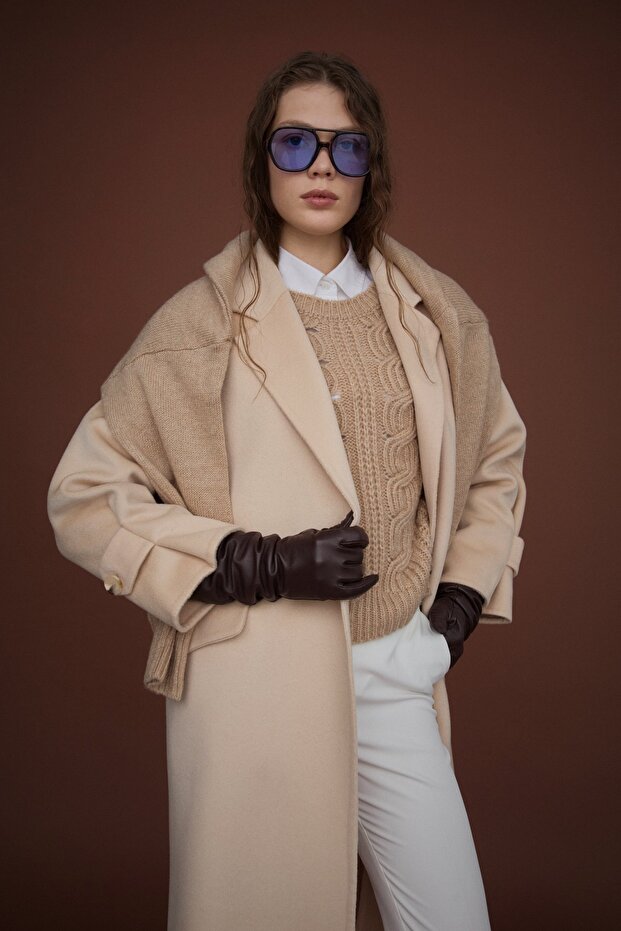 Oversize %100 Yün Kaban Bej - 4