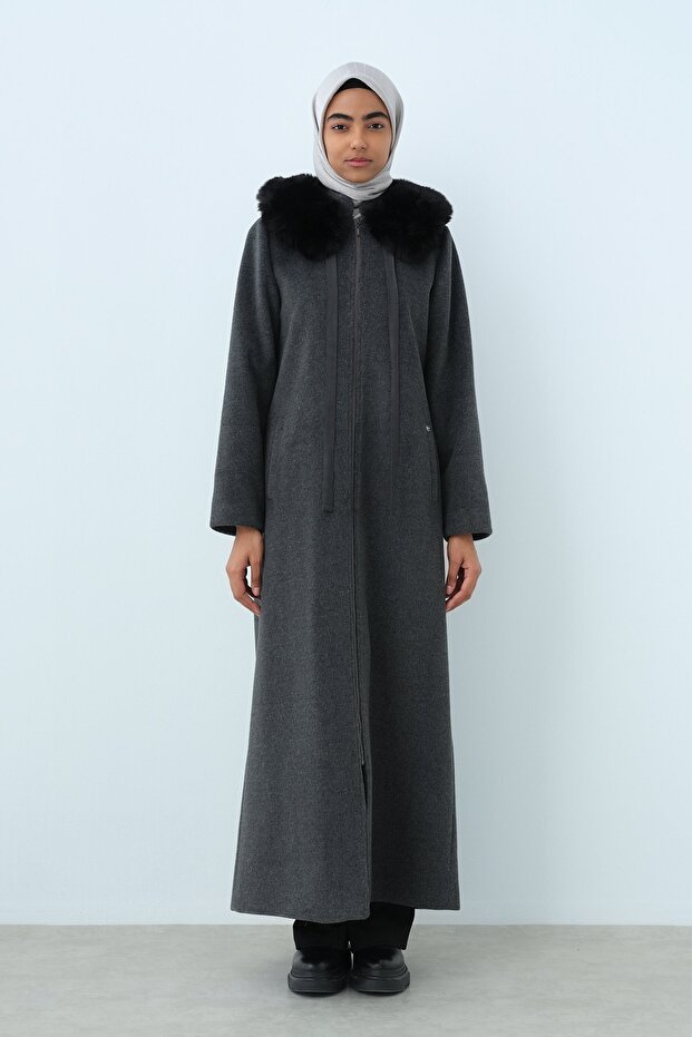 Tam Boy Fermuarlı Basic Manto Füme - 1