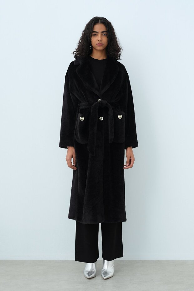 Black Ankara Coat with Pocket Detail