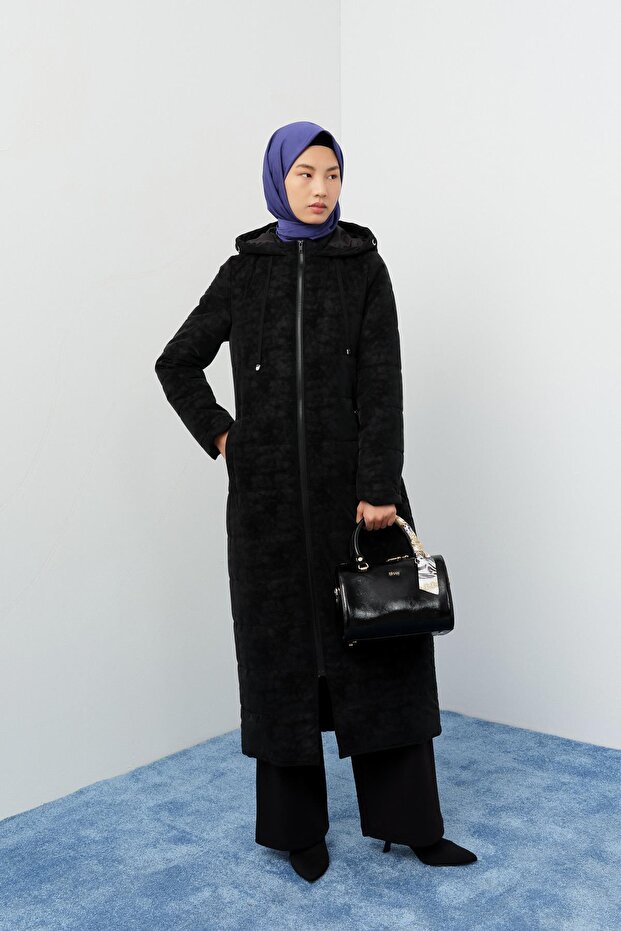 Kapşonlu Kapitone Manto Siyah - 2