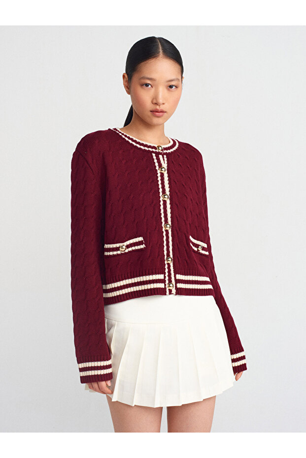 60945 Crew Neck Striped Buttoned Knitwear Cardigan-Claret Red-Ecru