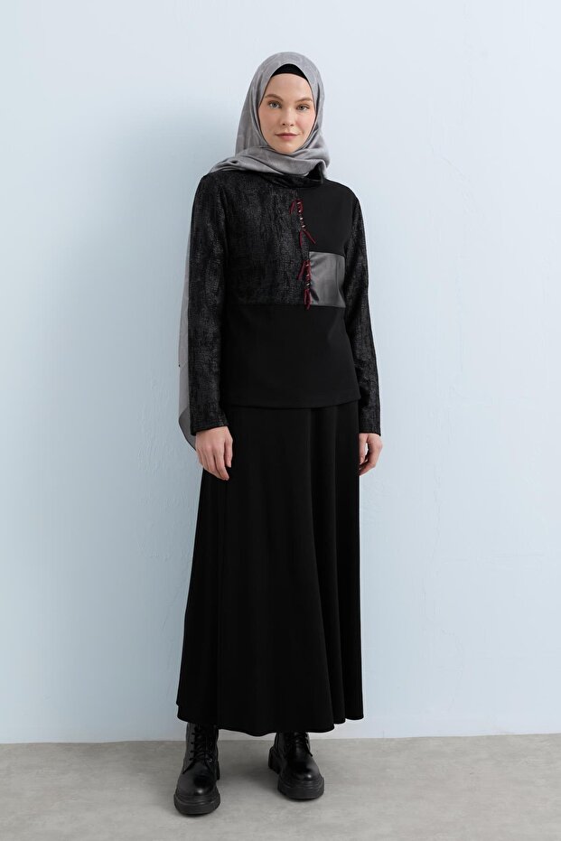 Deri Garnili Dik Yaka Örme Bluz Siyah - 3