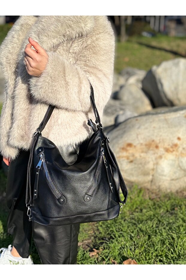Black Soft Leather Women's Arm Shoulder Crossbody and Backpack