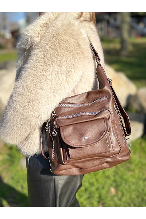 Brown Soft Leather Women's Arm Shoulder Crossbody and Backpack