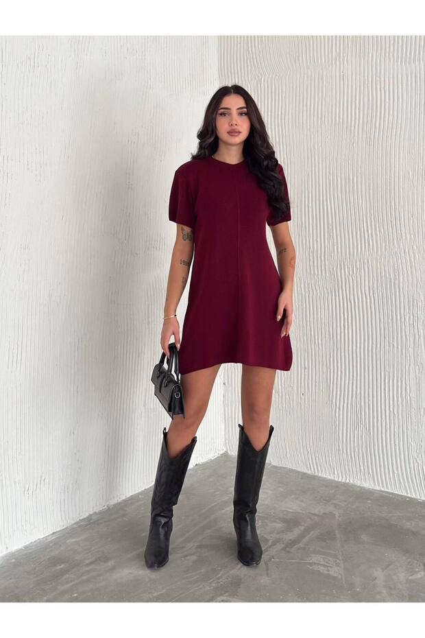 Standart Beden Kısa Kollu Basic Triko Elbise - 1