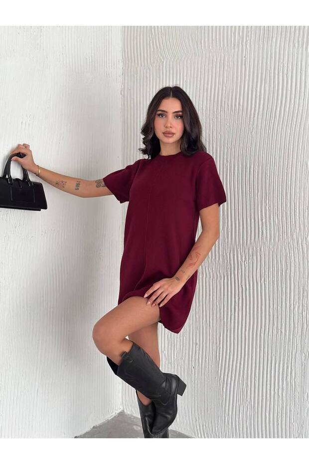 Standart Beden Kısa Kollu Basic Triko Elbise - 4