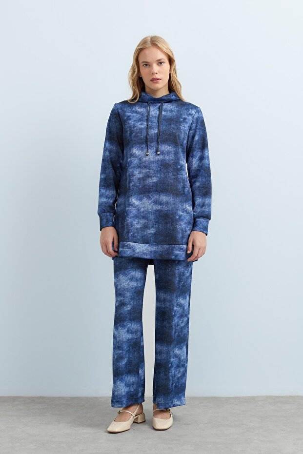 Stand Collar Pants Tunic Set Indigo - 1