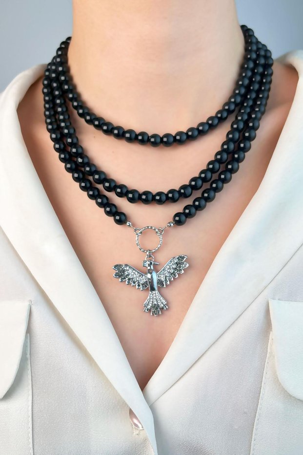 Silver Phoenix Triple Pearl Necklace - Black