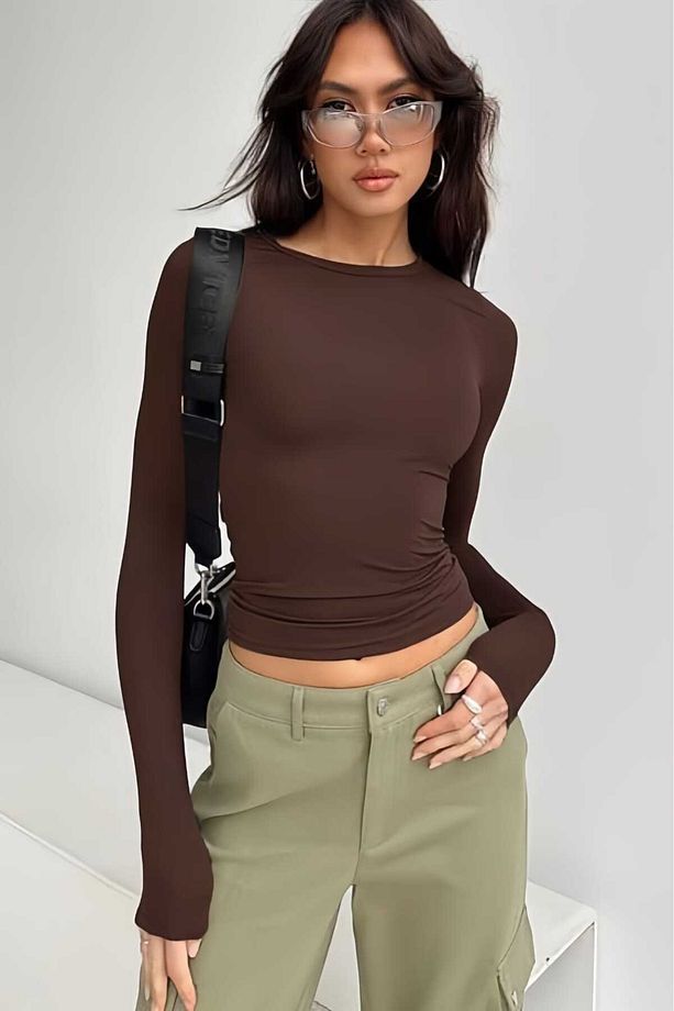 Acı Kahve Bisiklet Yaka Basic Uzun Kollu Body - 1