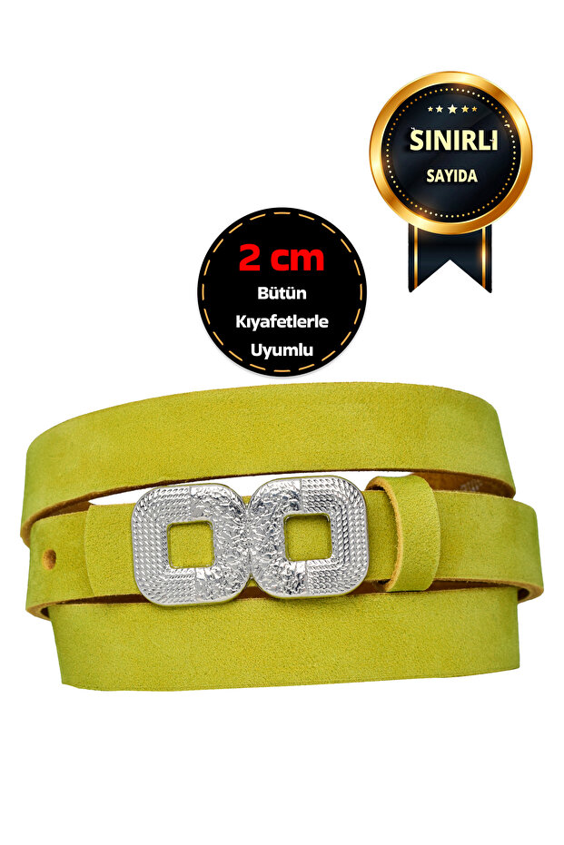 100% Genuine Soft Nubuck Leather, 2 cm Pistachio Green Women's Belt; Dress, Pants Beltheart Silver
