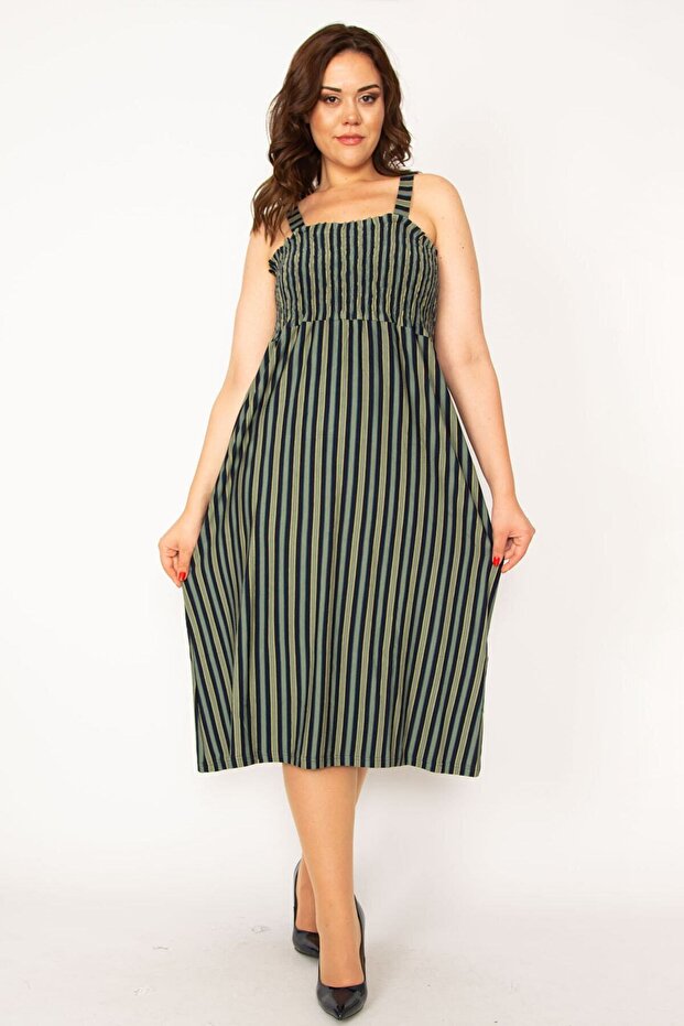 Women's Large Size Khaki Chest Part Gipe Elastic Strap Dress 65n33481