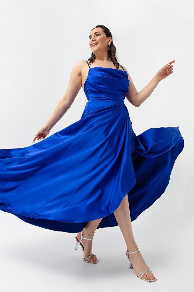 Women's Saxe Flounce Slit Plus Size Satin Evening Dress Graduation Dress