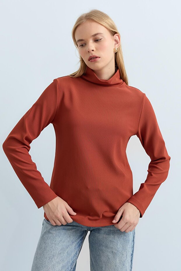 Dik Yaka Basic Örme Bluz Taba - 2