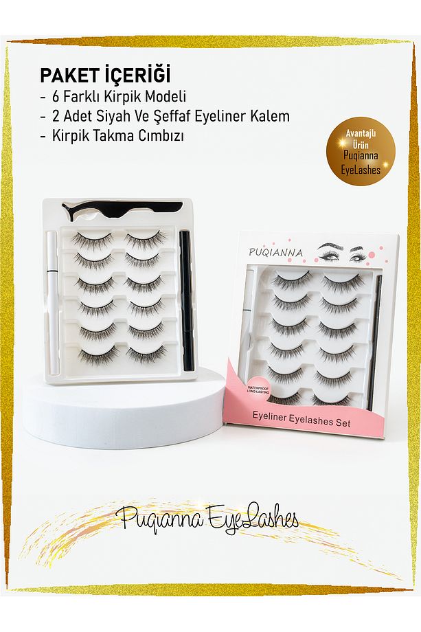 Sihirli Kirpikler 6 Çift Farklı Model Ve 2 Adet Likit Eyeliner Yapıştırıcılı (SİYAH VE ŞEFFAF) - 1