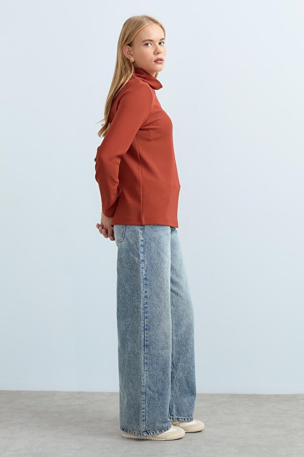 Dik Yaka Basic Örme Bluz Taba - 3