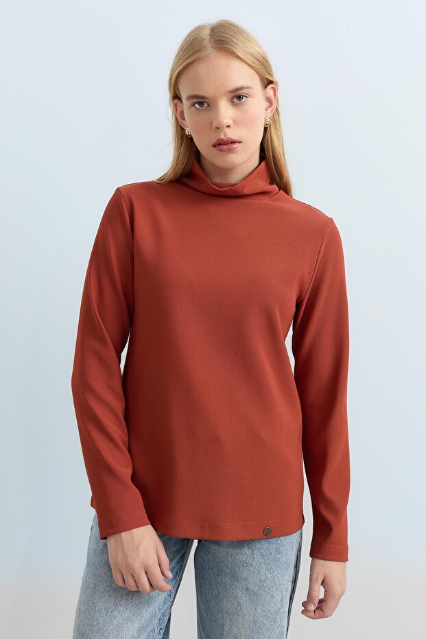 Dik Yaka Basic Örme Bluz Taba - 1