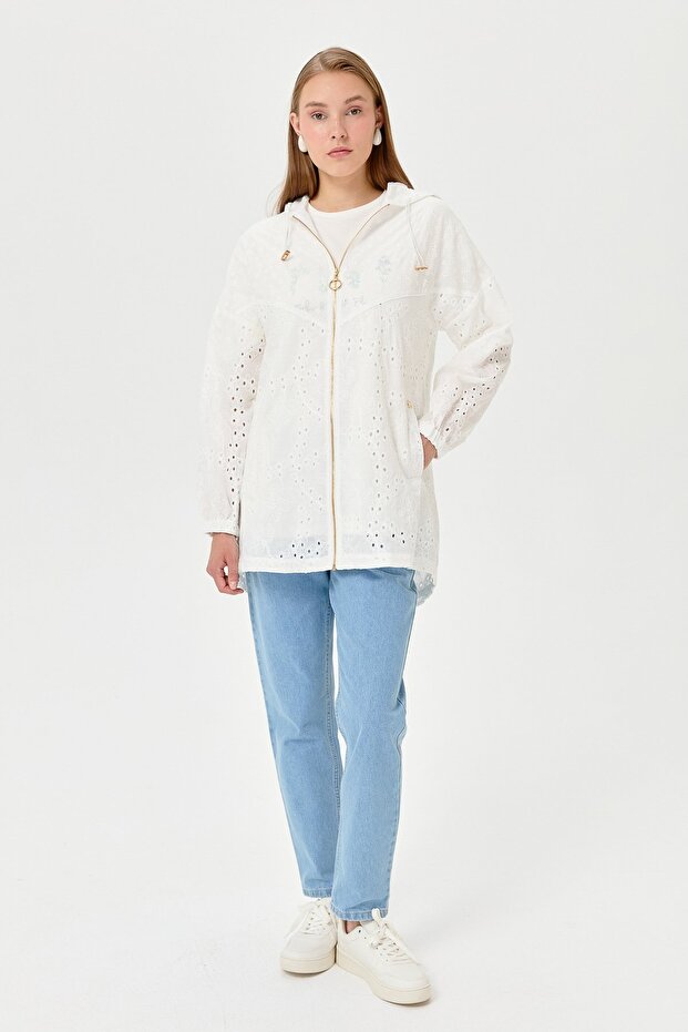 Kapşonlu Brode Ceket Ekru - 5