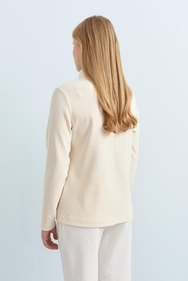 Dik Yaka Basic Örme Bluz Ekru - 4