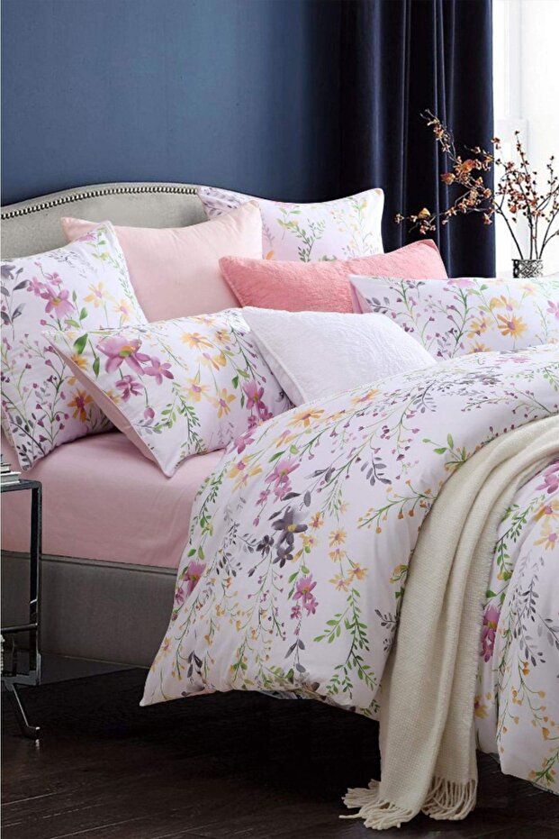 Σετ Παπλωματοθήκη Διπλής Όψης με Ελαστικό Παπλωματοθήκη Λουλούδια Ροζ - 5