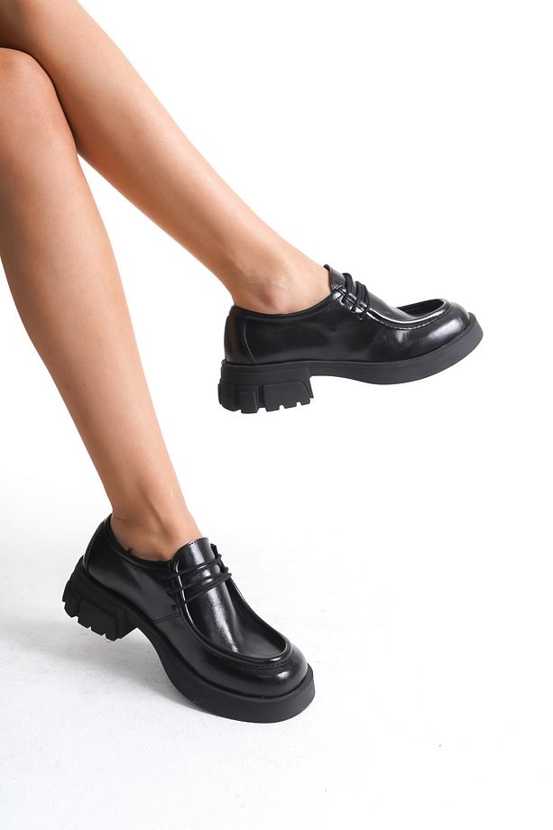 Kadın Loafer Makosen Bağcıklı Kalın Taban Günlük Ayakkabı Forel Siyah - 5